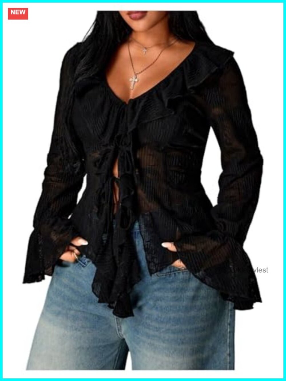 Plus Size Ruffle Sheer Long Sleeve Tie Front Going Out Top
